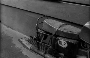 GDR, Berlin, 24.1.1990, motorbike with GDR emblems