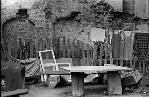 GDR, Stralsund, 180.7.1988, backyard scene with Trabi and laundry