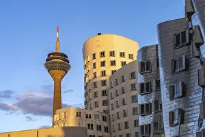 Gehry buildings - Neuer Zollhof at the Media Harbour and the Rhine Tower in Duesseldorf