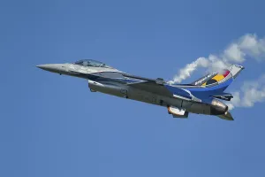 General Dynamics F-16 Fighting Falcon aircraft in Belgium air force colours flying