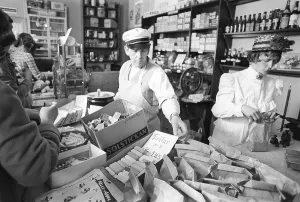 A general store museum in the 1970s. Photograph taken inside a general store, capturing its appearance from 100 years ago, are displayed for the public who shop there