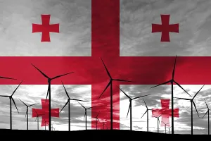 Georgia flag wind farm at sunset