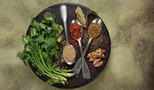 Georgian spices in spoons, on ketsi