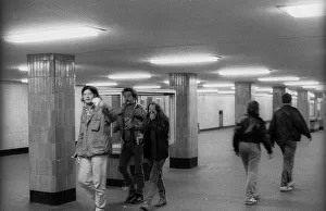 Germany, Berlin, 03. 10. 1990, victims of tear gas flee to Alexanderplatz underground station