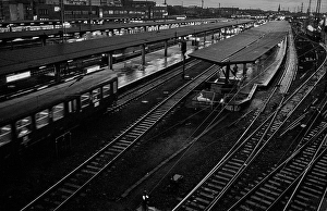 Germany, Berlin, 03.02.1992, Lichtenberg railway station, tracks, platform, passenger train, Europe