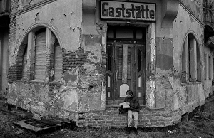 Germany, Berlin, 12 February 1992, closed restaurant in Koepenick, child with book, Europe