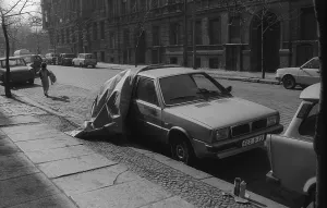 Germany, Berlin, 14. 03. 1991, covered car in the Christinenstrasse