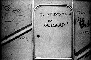 Germany, Berlin, 15.12.1990, Graffiti on a caravan in Kollwitzstrasse