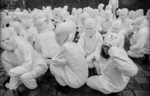Germany, Berlin, 19.04.1991, student performance in protest against the closure of the art academy in Berlin-Weissensee