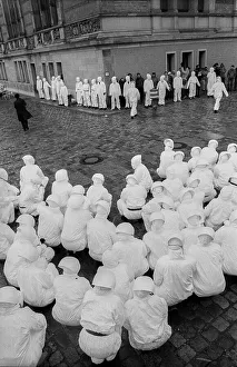 Germany, Berlin, 19.04.1991, student performance in protest against the closure of the art academy in Berlin-Weissensee