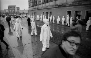 Germany, Berlin, 19.04.1991, student performance in protest against the closure of the art academy in Berlin-Weissensee