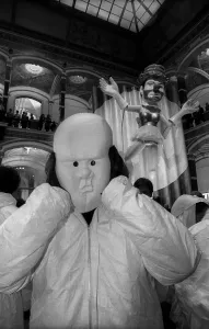Germany, Berlin, 19.04.1991, student performance in protest against the closure of the art academy in Berlin-Weissensee