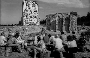 Germany, Berlin, 27.07.1991, painted former watchtower at the Spreebogen
