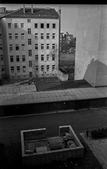 Germany, Berlin, 28.02.1992, View from my window of the flat Rheinsberger Str. 50, backyard with rubbish dump, playground, Bernauer Strasse, Europe