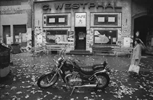 Germany, Berlin, 30. 10. 1990, motorbike in front of Cafe Westphal