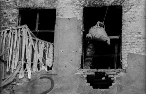 Germany, Berlin, 30.11.1991, House wall with artworks in the backyard