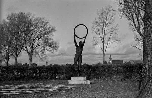 Germany, Gransee, 10.11.1991, Sculpture on a sports field near Gransee