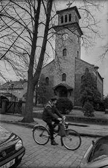 Germany, Hennigsdorf, 14.04.1992, Martin Luther Church in Hennigsdorf, cyclist, Europe