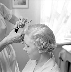 Getting a 1950s hairdo. A hairdresser is seen cutting the blond woman's hair shorter with a pair of scissors