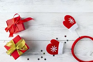 Gift boxes on wooden background place for text