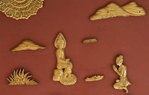 Category Buddhism Prints: Gilded wall decorations with depictions from the Jakata narratives about the former lives of the Gautama Buddha