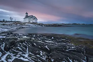 Category Scandinavia Prints: Gimsoykirke, Gimsoy church at dusk
