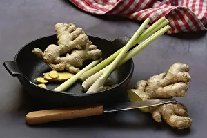 Ginger, ginger root and lemongrass in pot