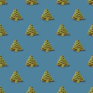 Gingerbread in the shape of a christmas tree with shadow on a blue background seamless pattern