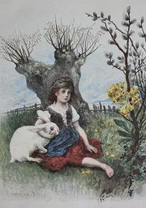 Girl with bunny, Easter, woodcut