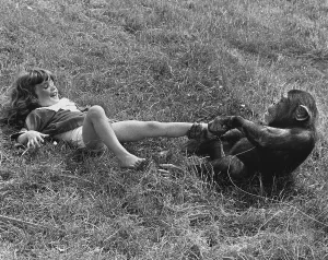 Girl and chimpanzee playing, England