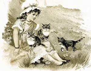 Girl is dreaming with cats postcard about 1900