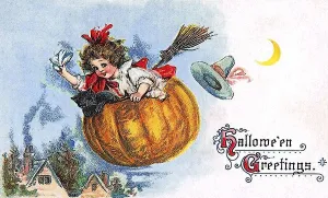 Girl in a flying pumpkin, Halloween Greetings