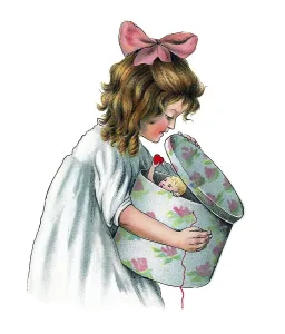 Girl holding a gift box, nostalgic Valentine's Day postcard motive