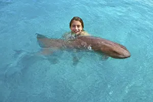 Girl hug a Nurse Shark in Riviera Maya of Mexico