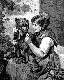 Girl with knitting, playing with her little dog