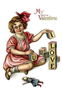 Girl with letter cubes, My Valentine I love You