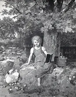 Girl with pigtails herding the young geese and reading in a schoolbook
