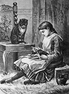 Girl spoon-feeding a kitten, historical illustration