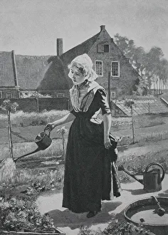 Girl Watering in the House Garden