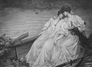 Girlfriends, two young woman embracing on a rowing boat by the lake