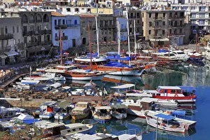 Girne, Kyrenia, harbour town, view of the harbour and the old town