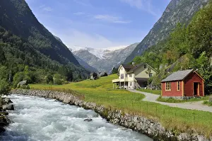 Glacier stream, wooden house, wooden houses