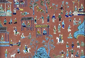 Category Buddhism Prints: Glass mosaic with scenes from the parable of Siaosawat