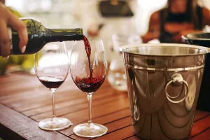 Glasses with different types of wine and human hands holding wine glasses in the background