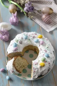 Glazed easter lemon cake decorated with confectionery and mini chocolate eggs candy on a wooden table