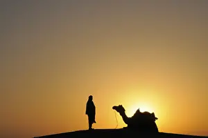 Category Historic EN Prints: Glorious sunrise man with camel on sand dunes