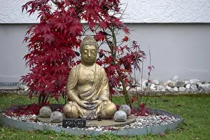 Gold-colored Buddha figure in a front garden