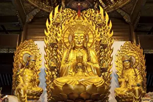 Category Buddhism Prints: Three golden Buddhas, Maitreya