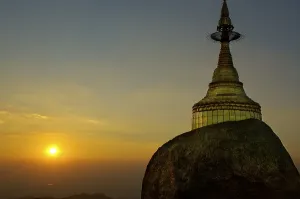 Category Buddhism Prints: Golden Rock with stupa and sundown Kyaikhtiyo Pagoda Bago Burma