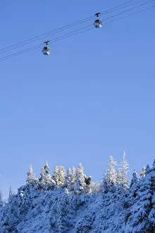Two gondolas carry people up the mountain